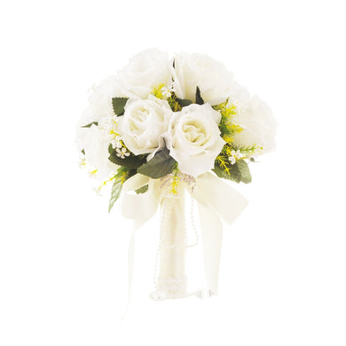 Bride Wedding Bouquet Satin Ribbon Wedding Photography Prop Rose Bridal Bouquet Artificial Flowers for Wedding Party (White)