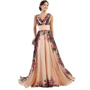 Women Sexy Floral Dress Sleeveless Elegant V neck Long Dress Evening Party Prom Bridesmaids Chiffon Dresses