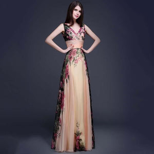 Women Sexy Floral Dress Sleeveless Elegant V neck Long Dress Evening Party Prom Bridesmaids Chiffon Dresses