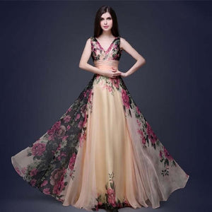 Women Sexy Floral Dress Sleeveless Elegant V neck Long Dress Evening Party Prom Bridesmaids Chiffon Dresses