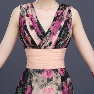 Women Sexy Floral Dress Sleeveless Elegant V neck Long Dress Evening Party Prom Bridesmaids Chiffon Dresses
