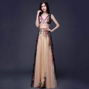 Women Sexy Floral Dress Sleeveless Elegant V neck Long Dress Evening Party Prom Bridesmaids Chiffon Dresses