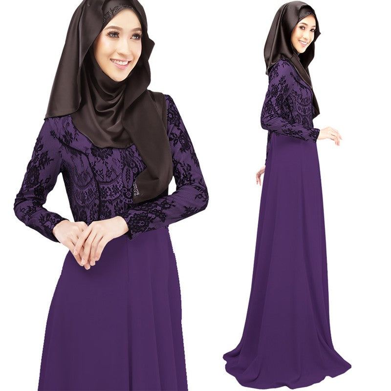 Kaftan Abaya Islamic Muslim Cocktail Womens Long Sleeve Vintage Long Maxi Dress lace silks